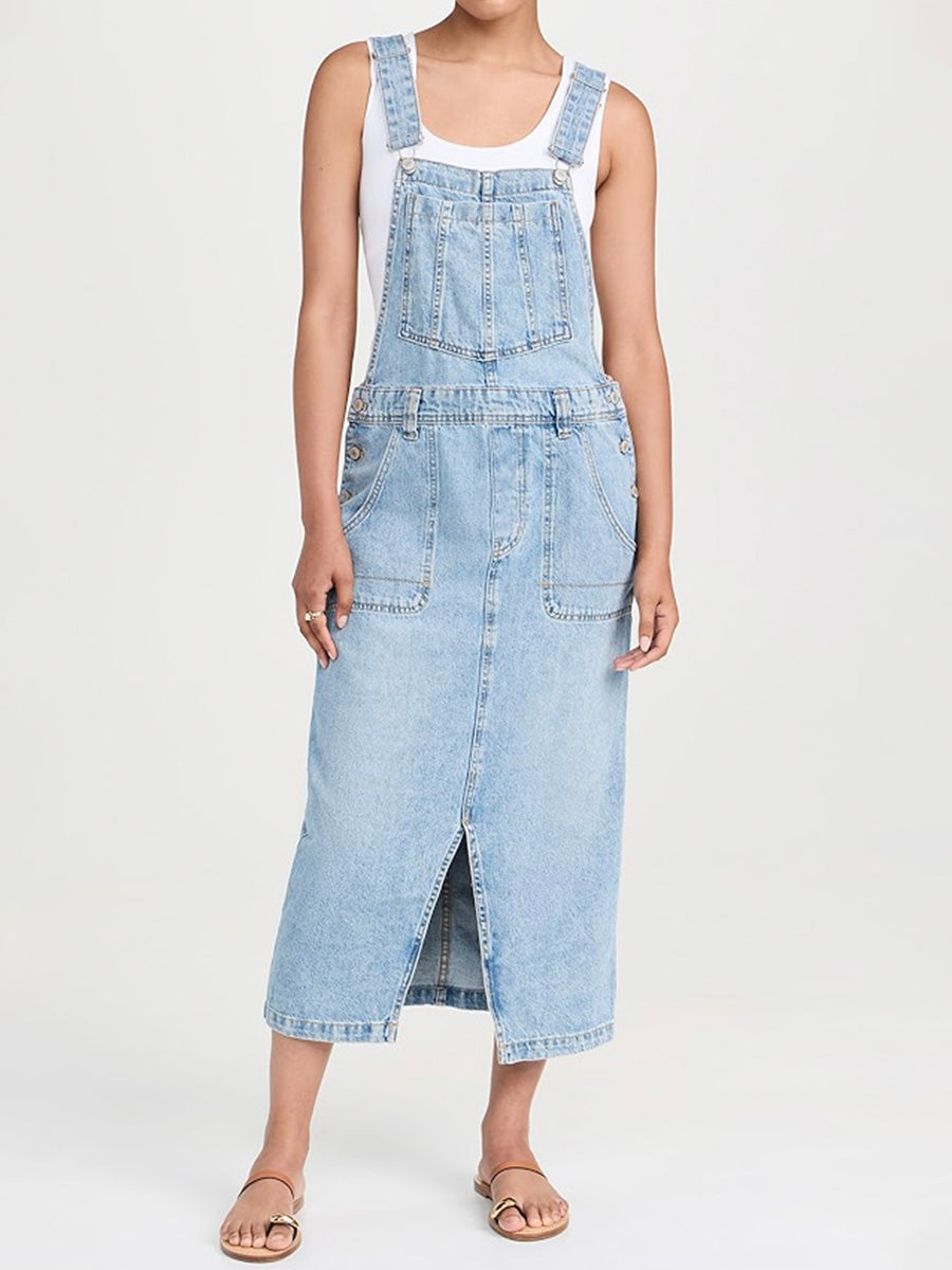 Robe salopette en jean fendue sur le devant