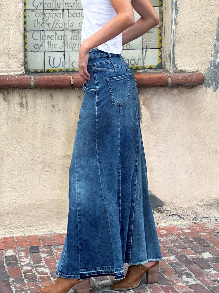Gonna lunga svasata in denim di alta qualità, snellente e stretch