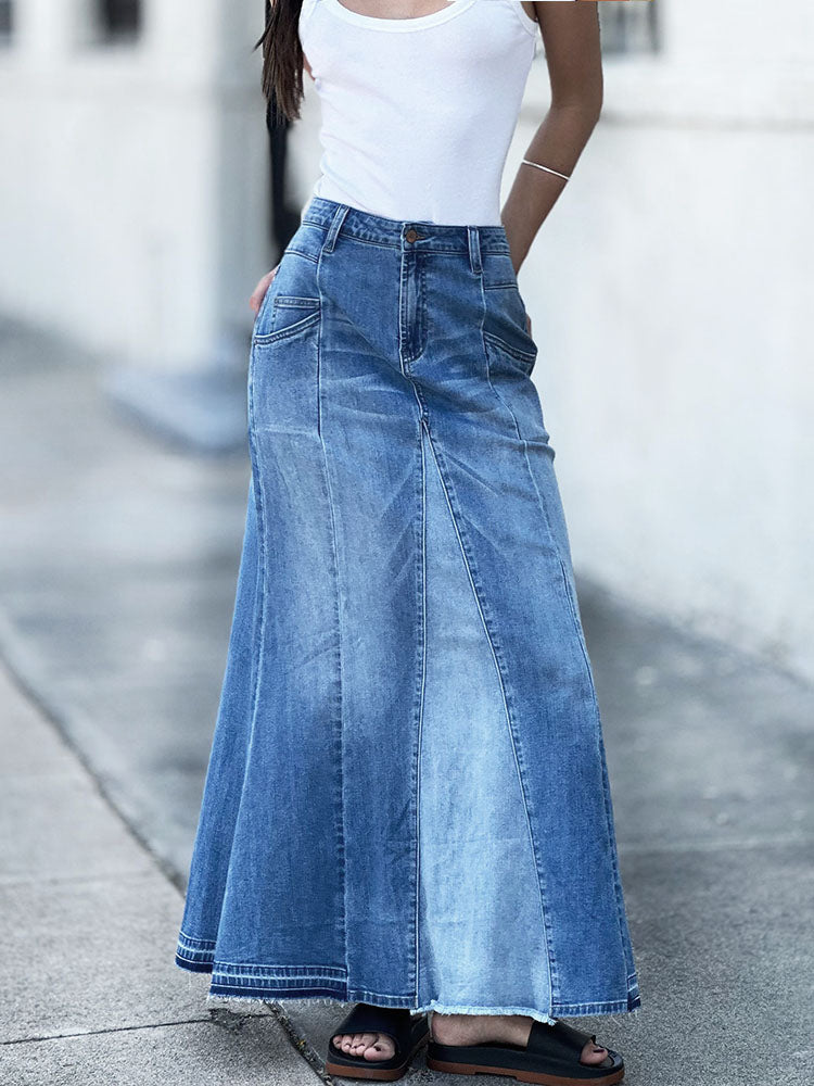 Gonna lunga svasata in denim di alta qualità, snellente e stretch