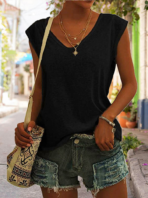 Lockeres Damen-T-Shirt mit V-Ausschnitt und Flügelärmeln