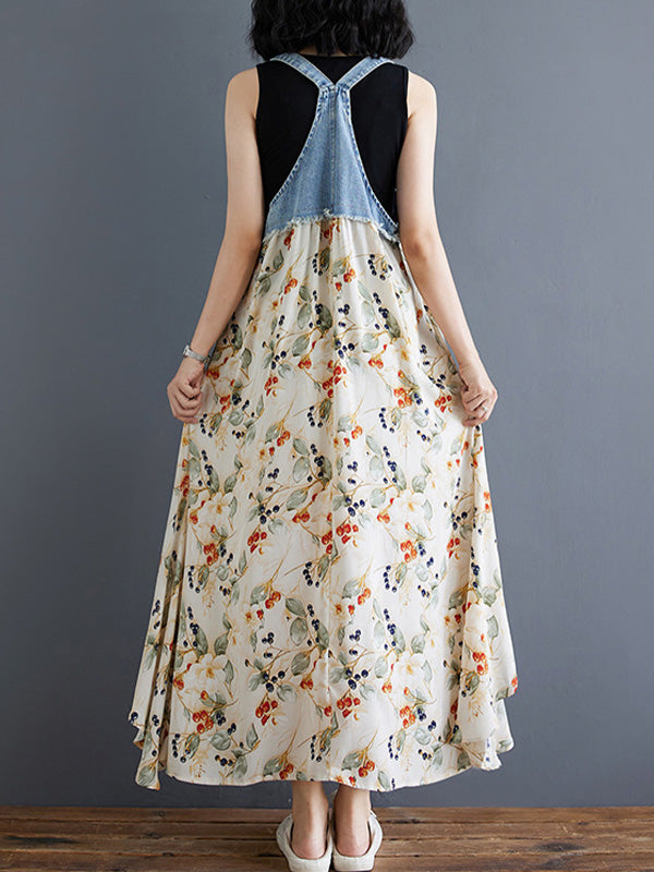 Abito salopette lungo in denim patchwork con stampa acquerello