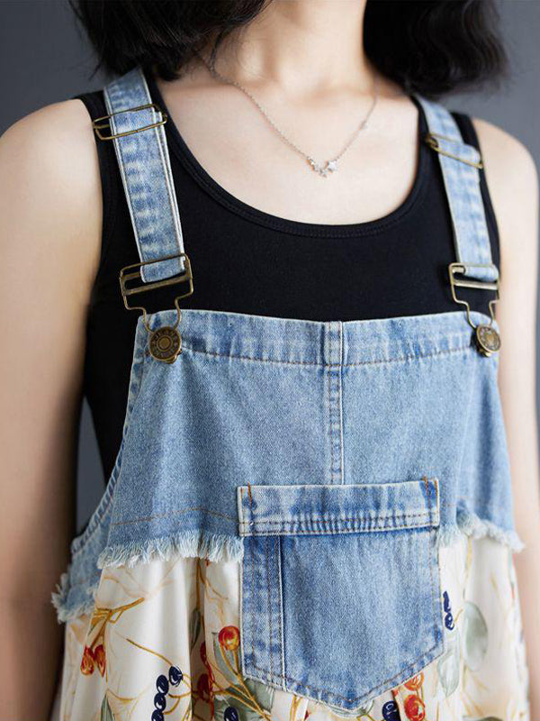 Abito salopette lungo in denim patchwork con stampa acquerello