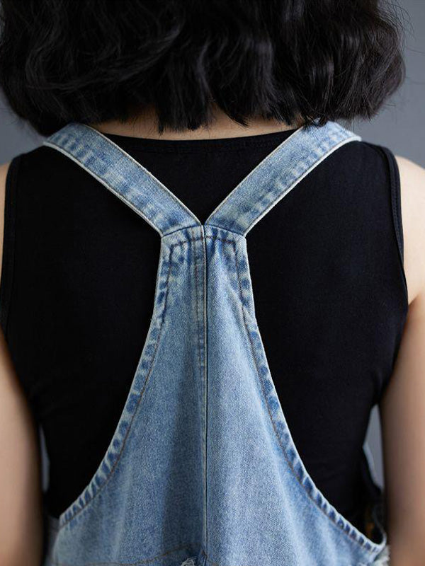 Abito salopette lungo in denim patchwork con stampa acquerello