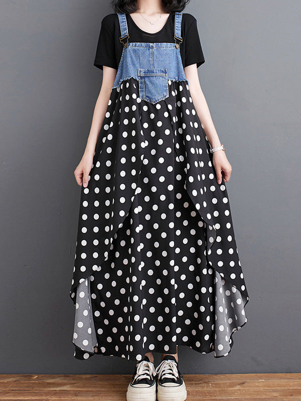 Abito salopette lungo in denim patchwork con stampa acquerello
