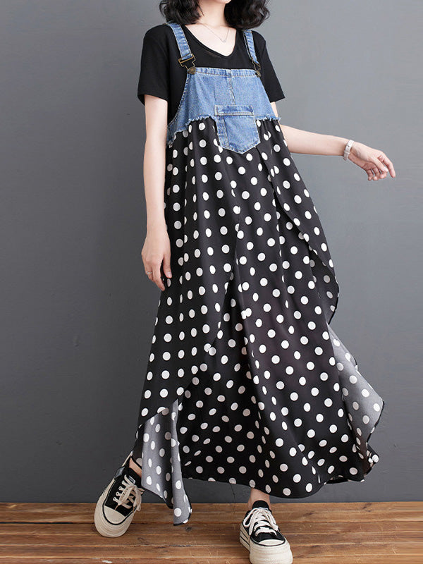 Abito salopette lungo in denim patchwork con stampa acquerello