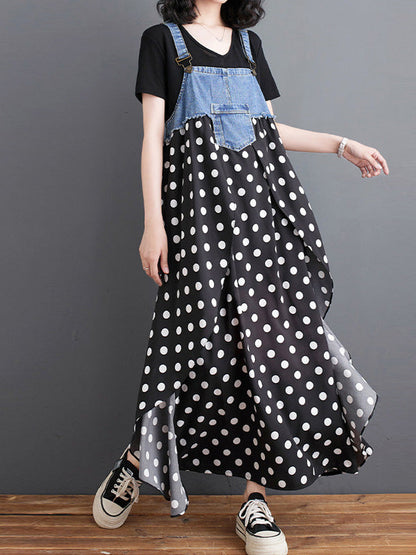 Robe salopette maxi patchwork en denim et imprimé aquarelle