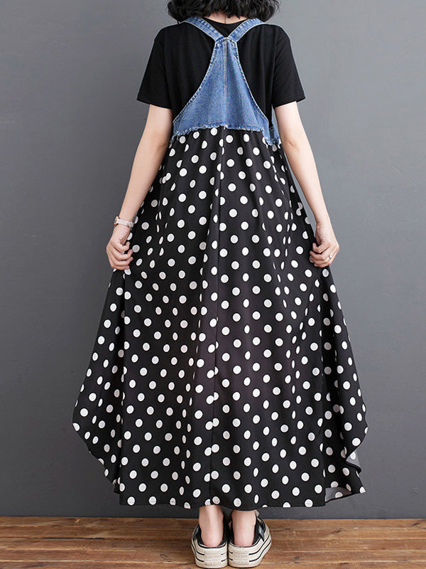 Abito salopette lungo in denim patchwork con stampa acquerello