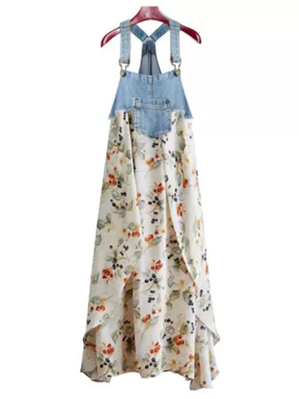 Abito salopette lungo in denim patchwork con stampa acquerello