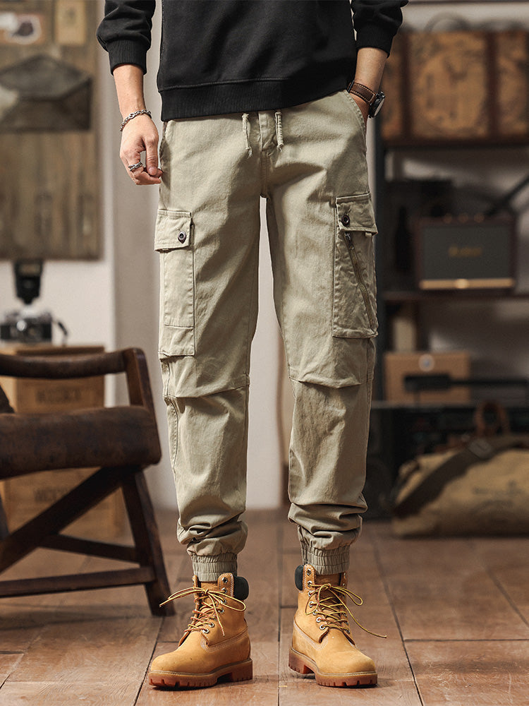 Pantaloni cargo jogger da uomo in stile vintage con multitasche ed elastico