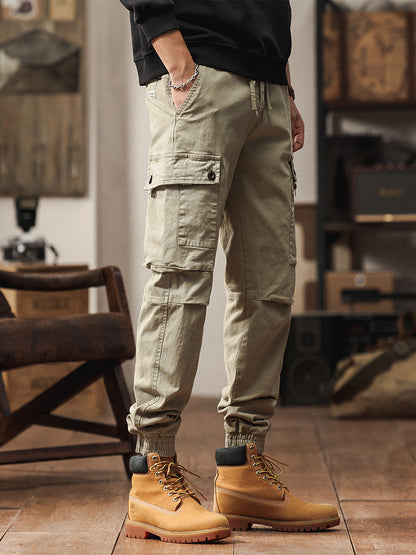 Pantaloni cargo jogger da uomo in stile vintage con multitasche ed elastico
