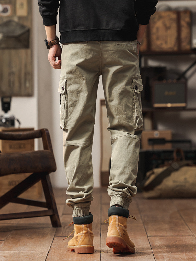 Pantaloni cargo jogger da uomo in stile vintage con multitasche ed elastico
