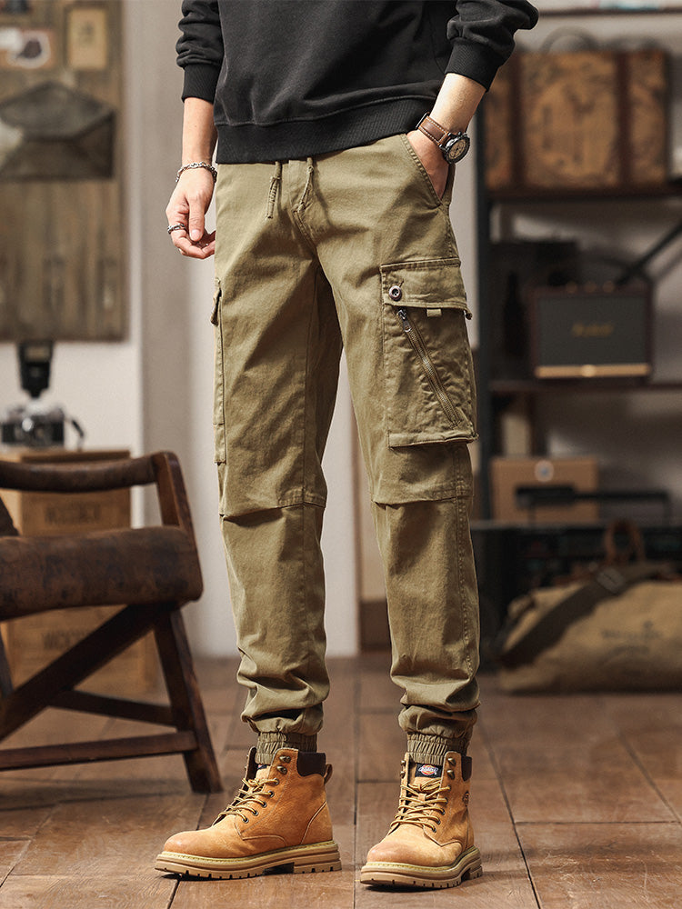 Pantaloni cargo jogger da uomo in stile vintage con multitasche ed elastico