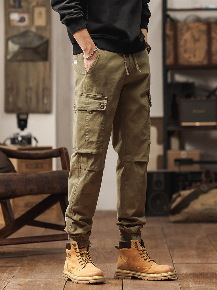 Pantaloni cargo jogger da uomo in stile vintage con multitasche ed elastico