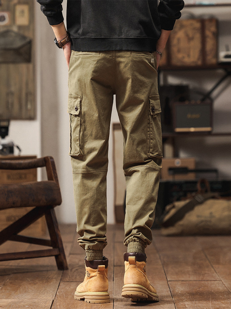 Pantaloni cargo jogger da uomo in stile vintage con multitasche ed elastico
