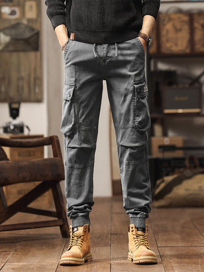 Pantalon de jogging cargo fuselé pour homme, style vintage, poches multiples et boutons