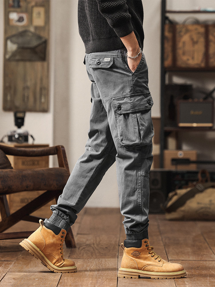 Pantalon de jogging cargo fuselé pour homme, style vintage, poches multiples et boutons