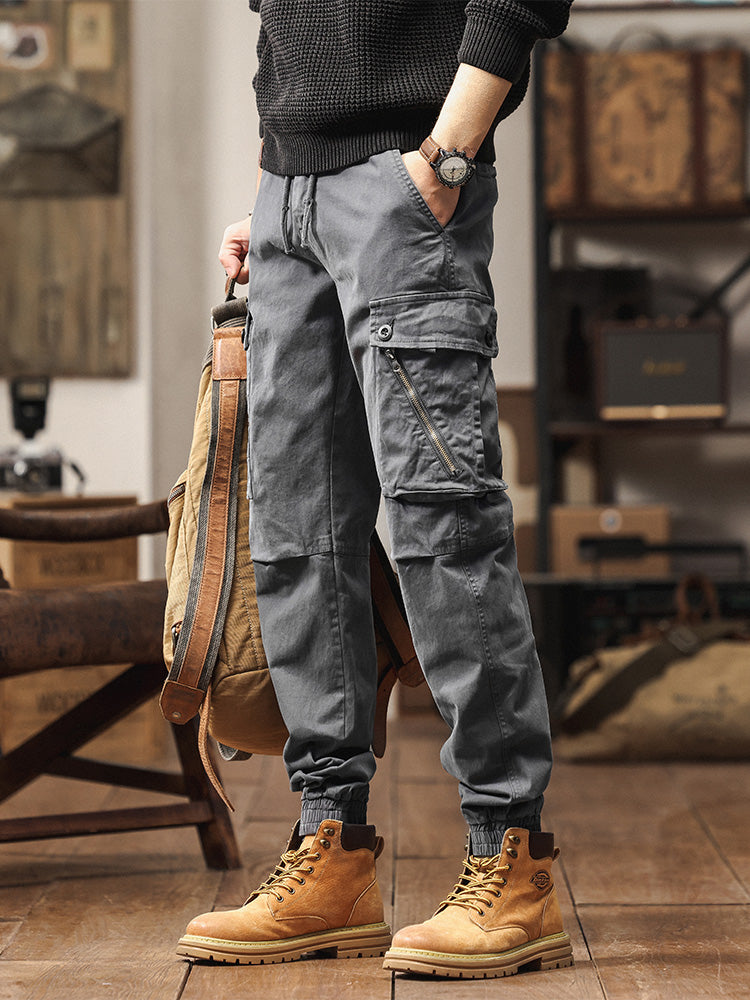 Pantaloni cargo jogger da uomo in stile vintage con multitasche ed elastico