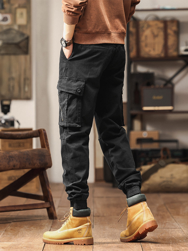 Pantaloni cargo jogger da uomo in stile vintage con multitasche ed elastico
