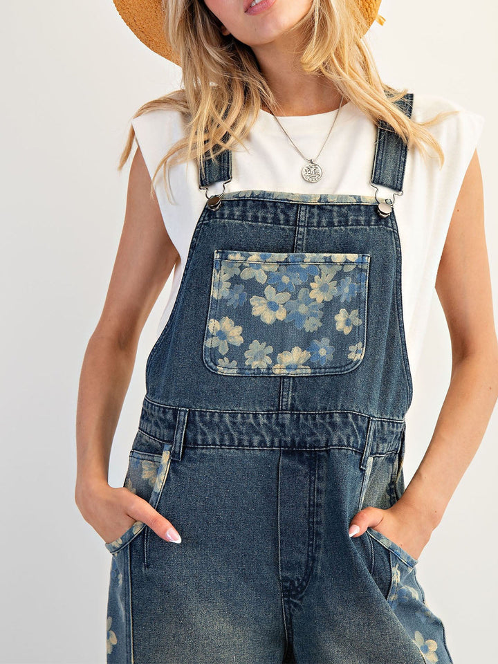 Latzhose aus Denim mit Blumenmuster