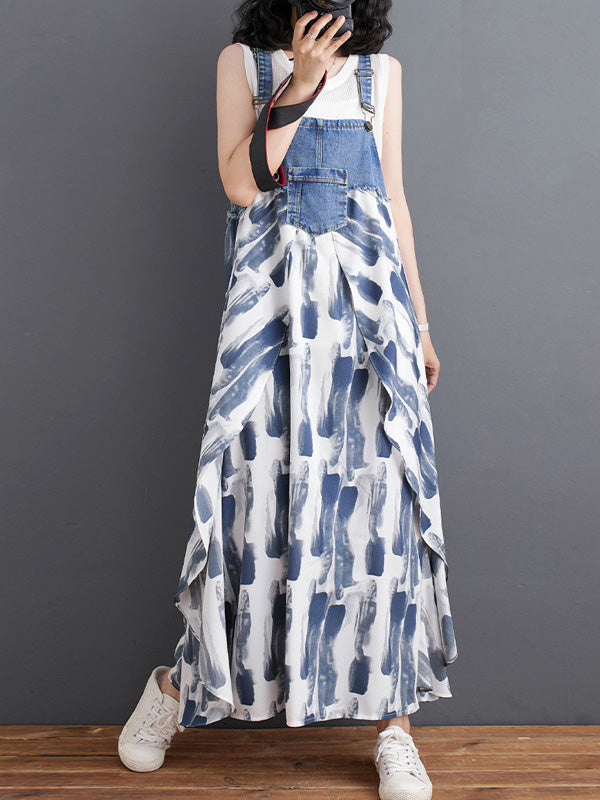 Abito salopette lungo in denim patchwork con stampa acquerello