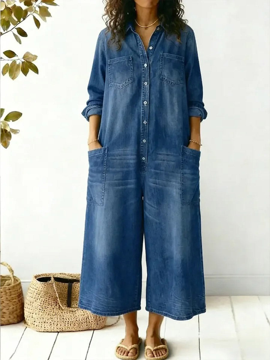 Jumpsuit aus leichtem Denim mit weitem Bein und lockerer Passform