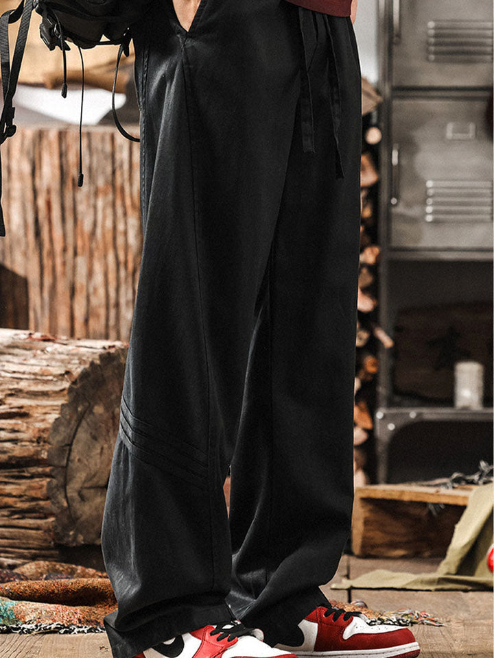 Pantaloni casual da uomo a gamba larga con coulisse in misto cotone e lyocell
