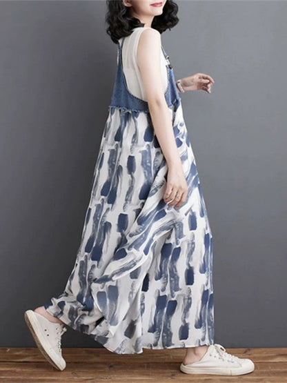 Robe salopette maxi patchwork en denim et imprimé aquarelle