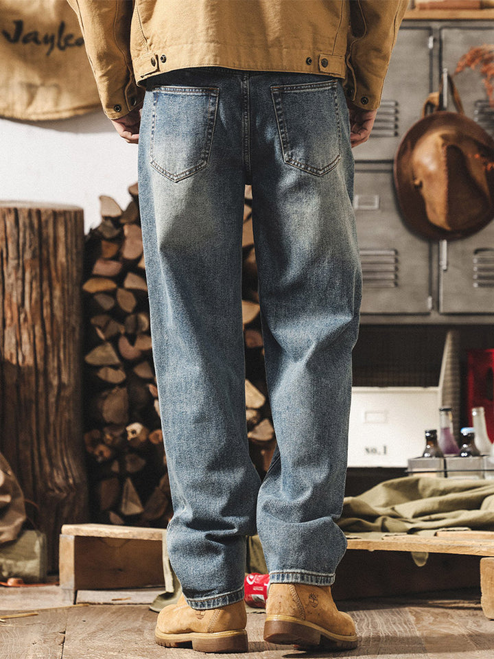 Jeans da uomo in stile rétro con gamba ampia e lavaggio autentico