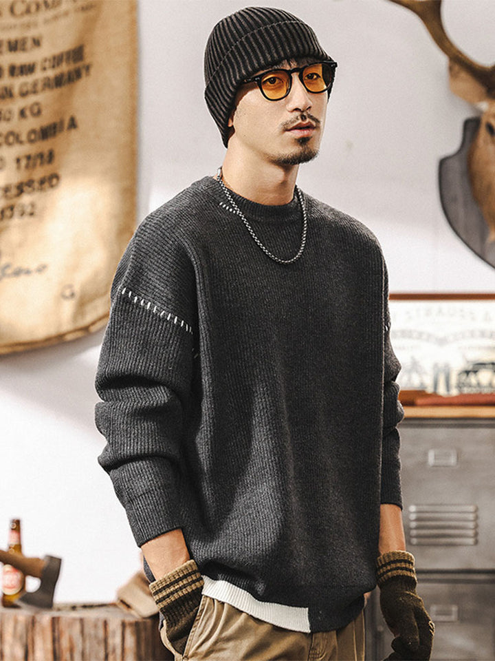 Pull en maille à col rond pour homme, coupe ample avec détails de coutures contrastantes