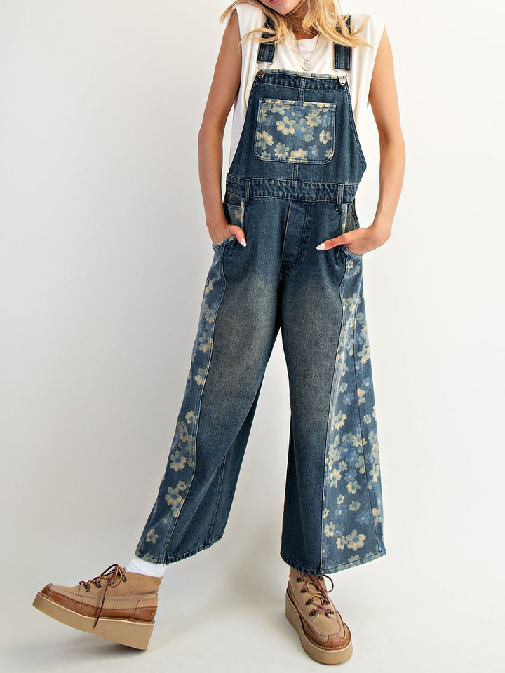 Latzhose aus Denim mit Blumenmuster