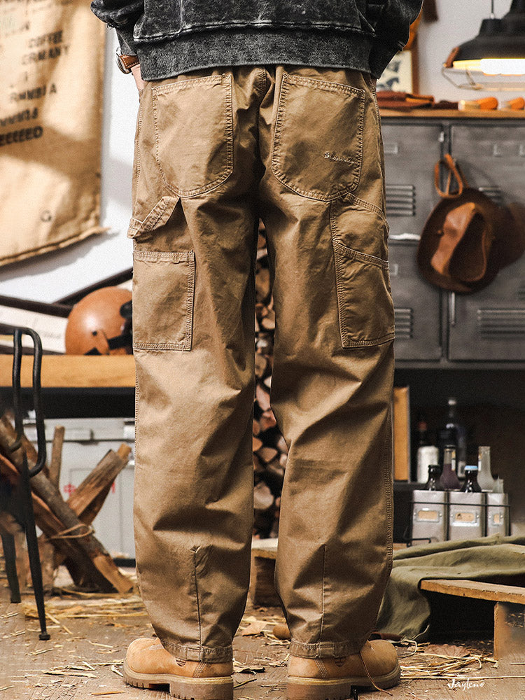 Pantaloni da uomo a gamba larga in 100% cotone, stile cargo rétro