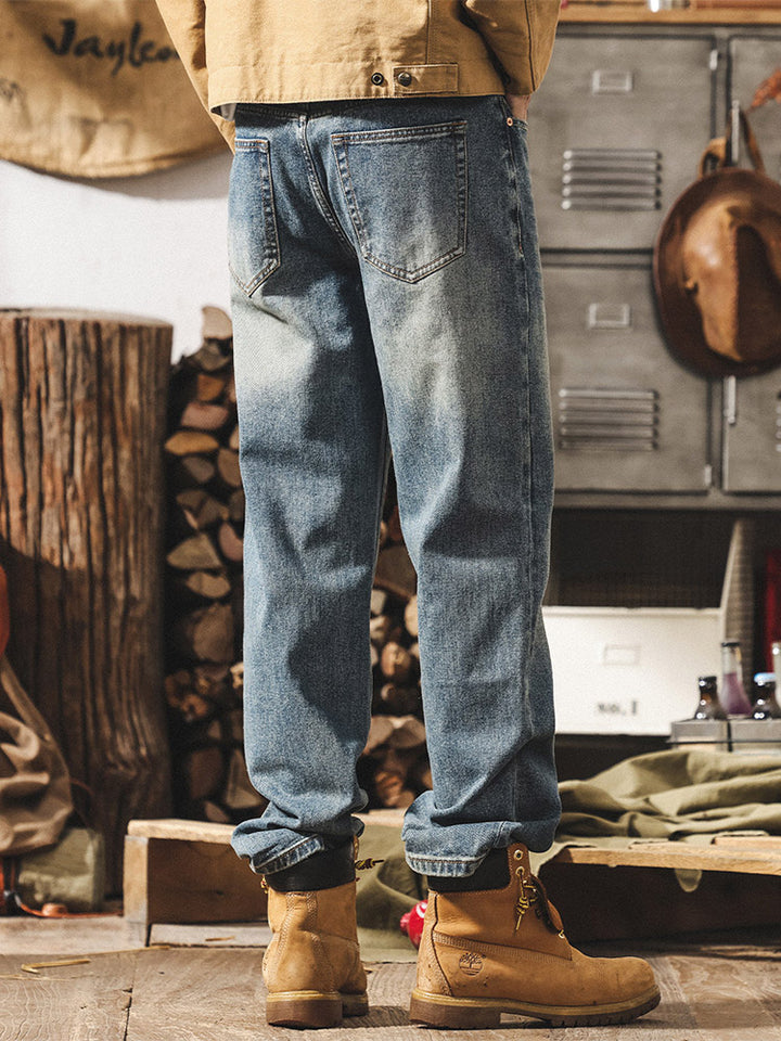 Jeans da uomo in stile rétro con gamba ampia e lavaggio autentico