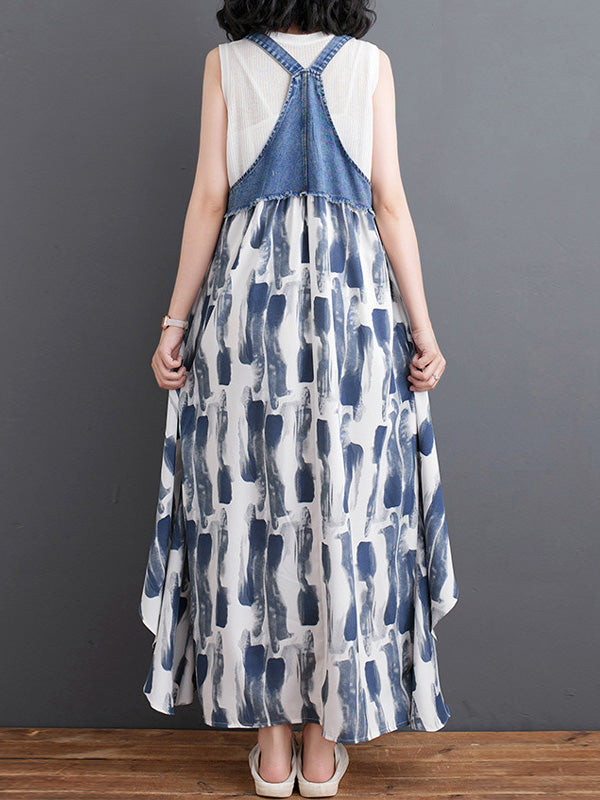 Abito salopette lungo in denim patchwork con stampa acquerello