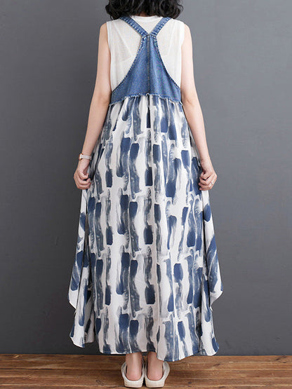 Robe salopette maxi patchwork en denim et imprimé aquarelle