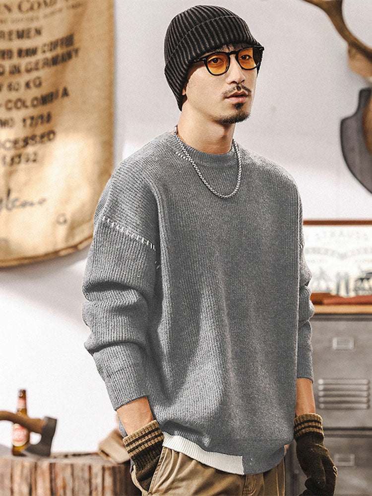 Pull en maille à col rond pour homme, coupe ample avec détails de coutures contrastantes