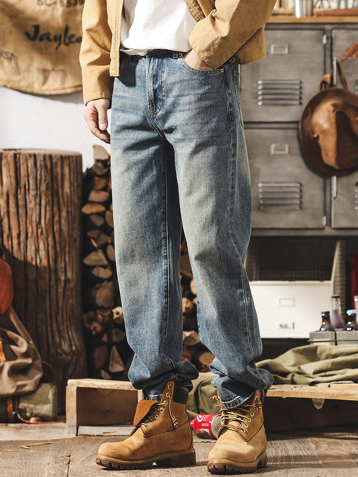 Jeans da uomo in stile rétro con gamba ampia e lavaggio autentico