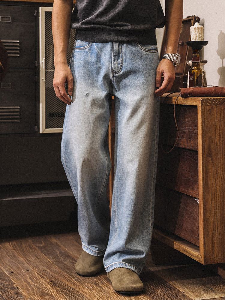 Herren 100% Baumwolle Vintage Wide Leg Jeans, Leicht Gewaschene Denim Hose