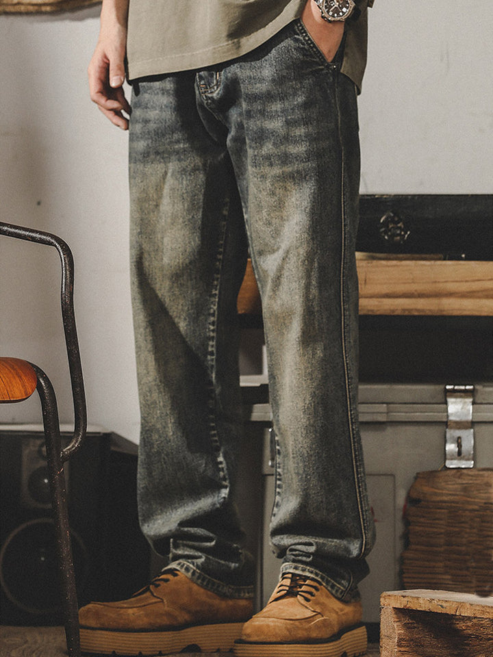Herren Vintage Jeans, gerader Schnitt, Washed Denim Hose
