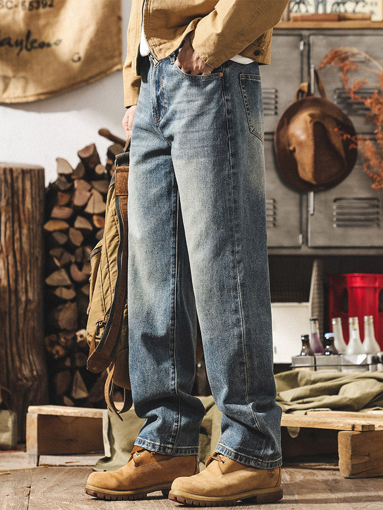 Jeans da uomo in stile rétro con gamba ampia e lavaggio autentico