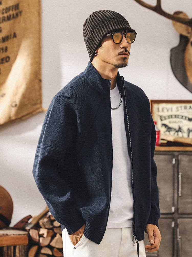 Herren Strickjacke mit Reißverschluss, Stehkragen, modischer Pulloverjacke