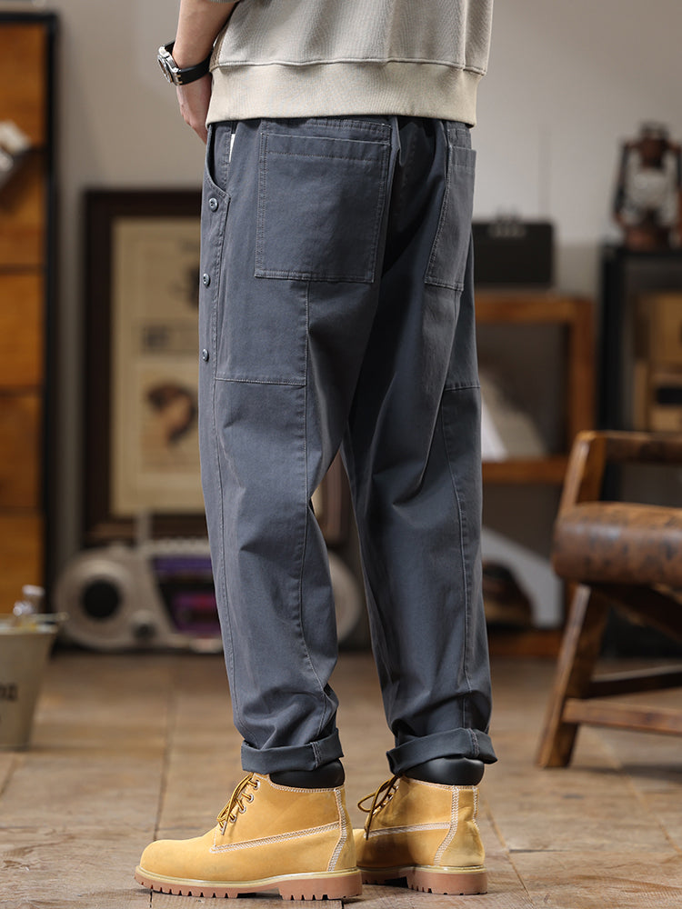 Pantalon cargo homme à boutons latéraux décoratifs, coupe droite et ample