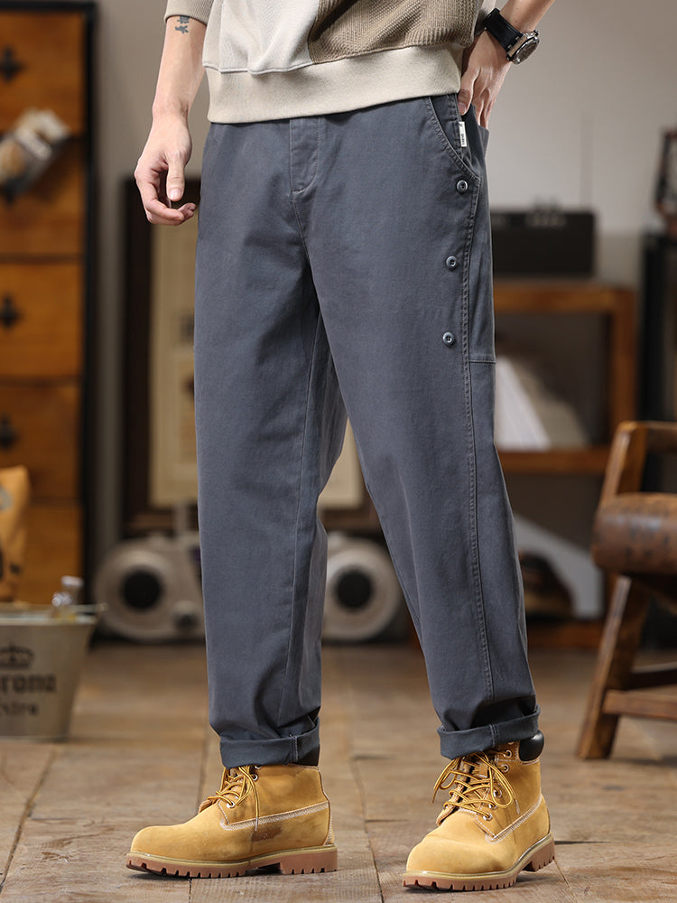 Pantalon cargo homme à boutons latéraux décoratifs, coupe droite et ample