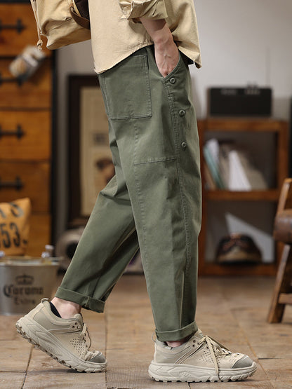 Pantalon cargo homme à boutons latéraux décoratifs, coupe droite et ample