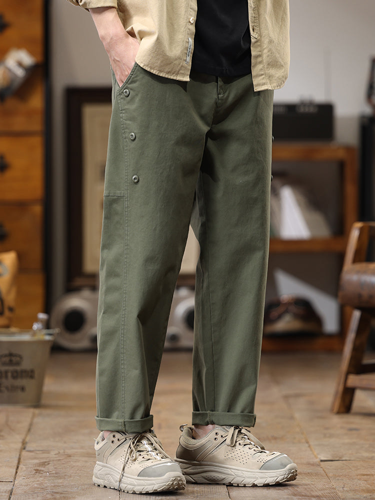 Pantalon cargo homme à boutons latéraux décoratifs, coupe droite et ample