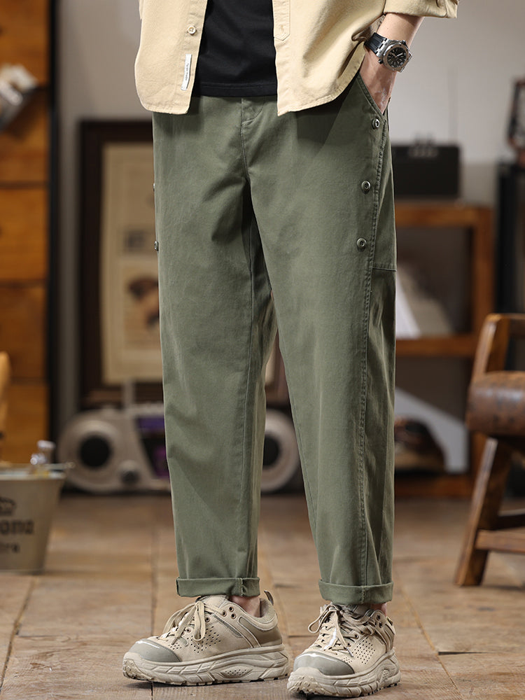 Pantalon cargo homme à boutons latéraux décoratifs, coupe droite et ample