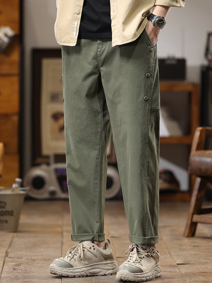 Pantalon cargo homme à boutons latéraux décoratifs, coupe droite et ample