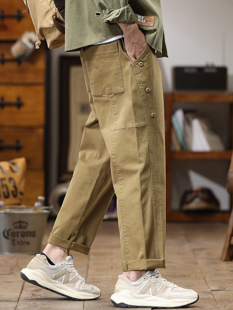 Pantalon cargo homme à boutons latéraux décoratifs, coupe droite et ample