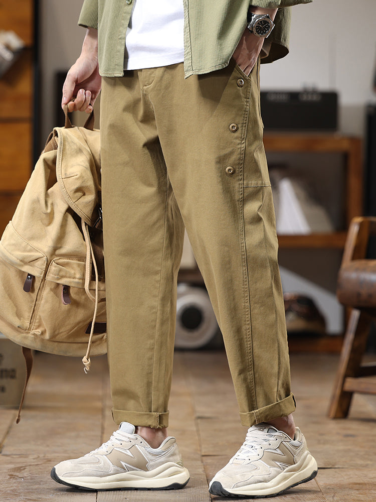 Pantalon cargo homme à boutons latéraux décoratifs, coupe droite et ample