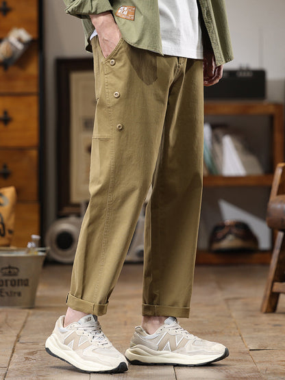 Pantalon cargo homme à boutons latéraux décoratifs, coupe droite et ample