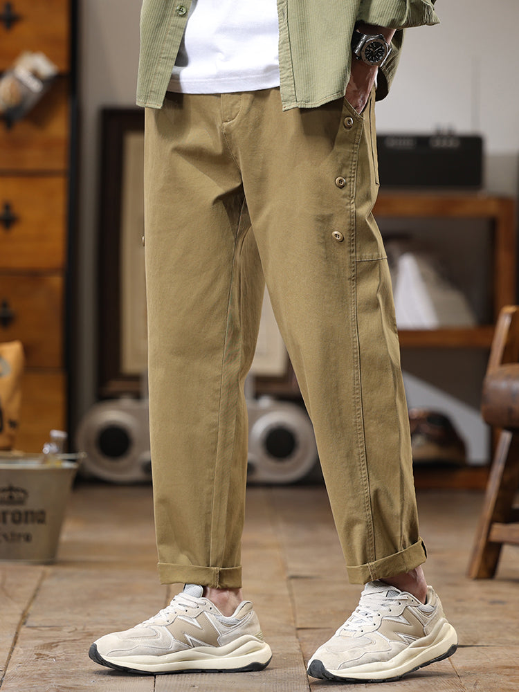 Pantalon cargo homme à boutons latéraux décoratifs, coupe droite et ample